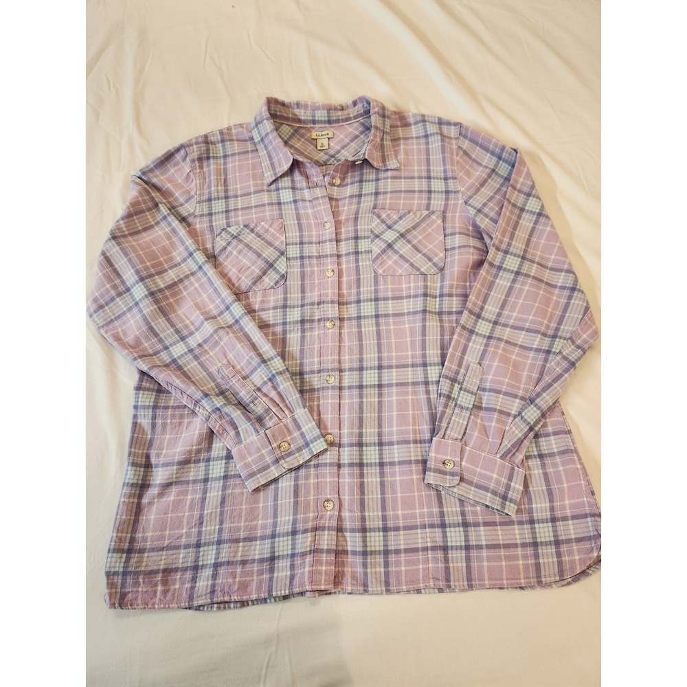 LL Bean Women XL Purple Lavender Plaid Flannel Button Down Shirt Casual Outdoor - Picture 10 of 13